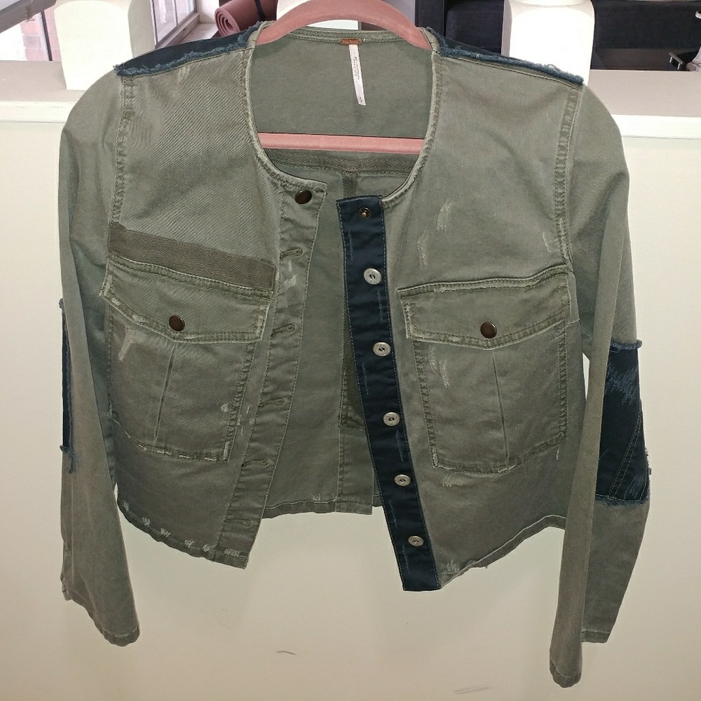 Free People military denim patch jacket